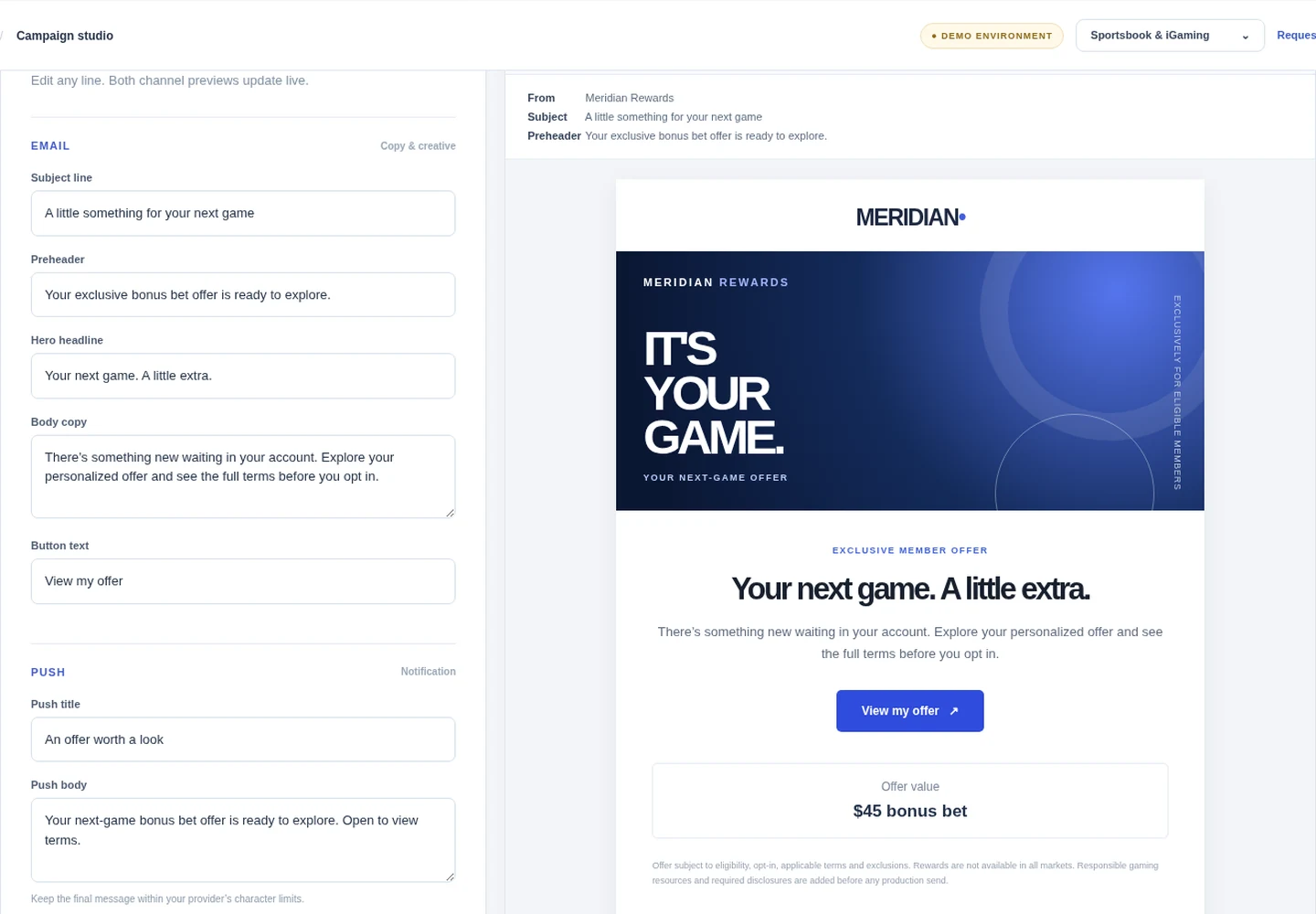 Synthetic Geno campaign studio showing offer economics and an approval-ready Braze handoff